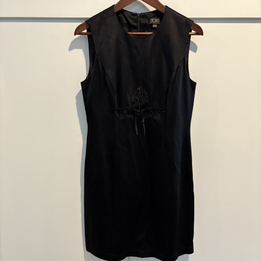 BCBG Max Azria Y2K‎ Dress Womens 8 Black Sheath Rose Beaded Embroidered Made USA